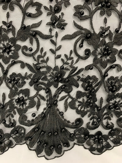 Daphne BLACK Faux Pearls Beaded Flowers and Vines Lace Embroidery on Mesh Fabric by the Yard - 10103