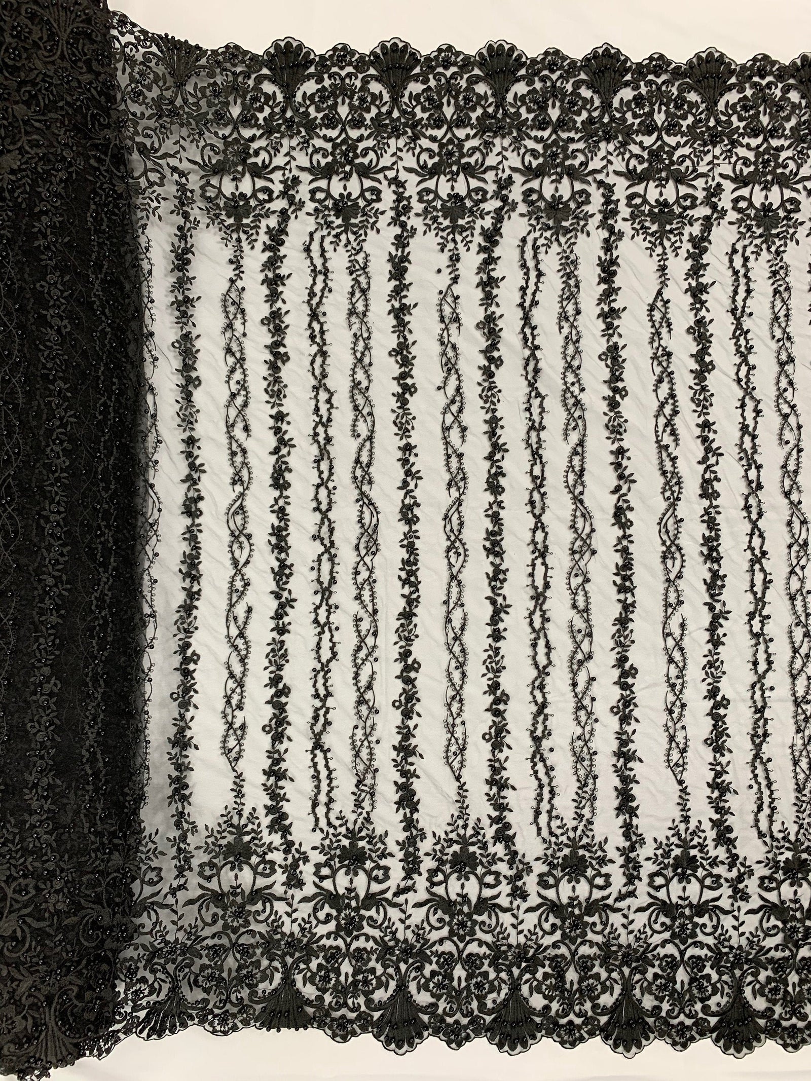 Daphne BLACK Faux Pearls Beaded Flowers and Vines Lace Embroidery on Mesh Fabric by the Yard - 10103