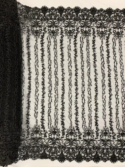 Daphne BLACK Faux Pearls Beaded Flowers and Vines Lace Embroidery on Mesh Fabric by the Yard - 10103