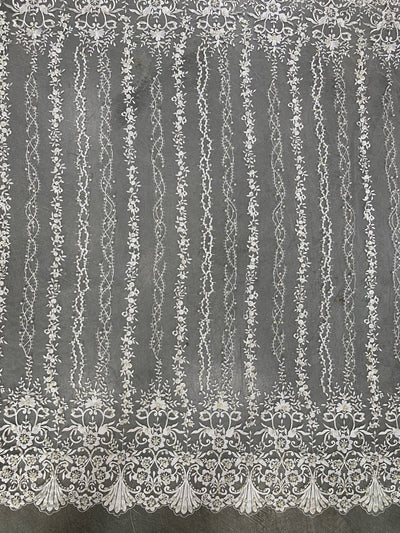 Daphne IVORY Faux Pearls Beaded Flowers and Vines Lace Embroidery on Mesh Fabric by the Yard - 10103