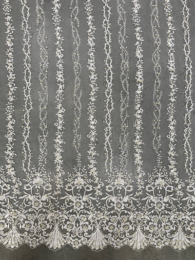 Daphne IVORY Faux Pearls Beaded Flowers and Vines Lace Embroidery on Mesh Fabric by the Yard - 10103