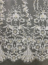 Daphne IVORY Faux Pearls Beaded Flowers and Vines Lace Embroidery on Mesh Fabric by the Yard - 10103