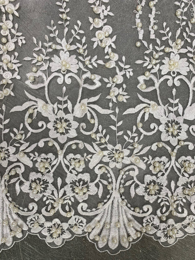 Daphne IVORY Faux Pearls Beaded Flowers and Vines Lace Embroidery on Mesh Fabric by the Yard - 10103