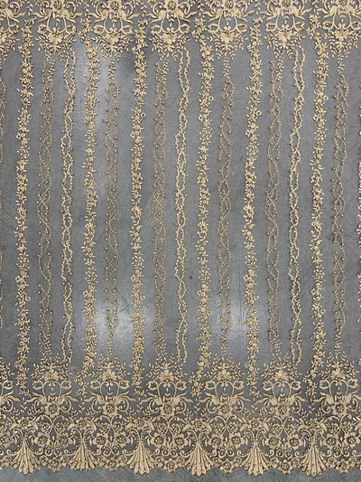 Daphne CHAMPAGNE Faux Pearls Beaded Flowers and Vines Lace Embroidery on Mesh Fabric by the Yard - 10103