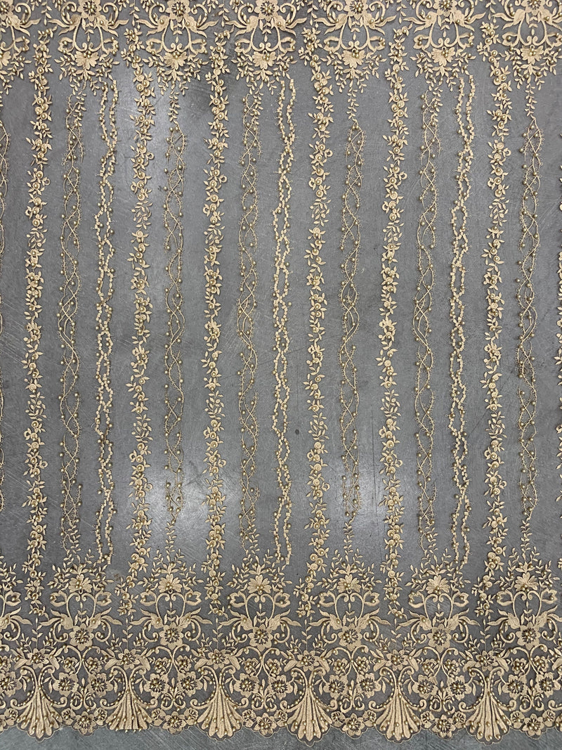 Daphne CHAMPAGNE Faux Pearls Beaded Flowers and Vines Lace Embroidery on Mesh Fabric by the Yard - 10103