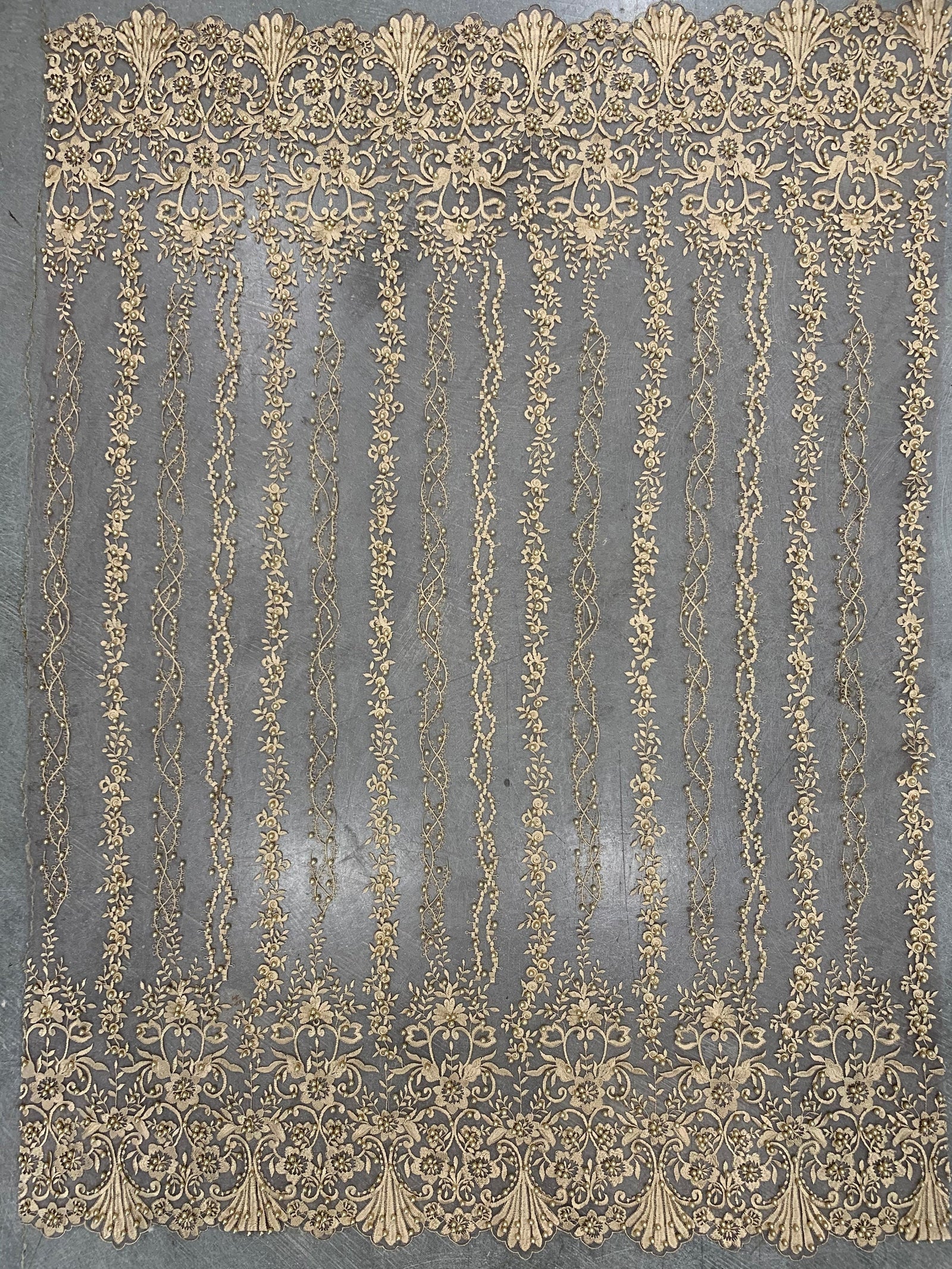 Daphne CHAMPAGNE Faux Pearls Beaded Flowers and Vines Lace Embroidery on Mesh Fabric by the Yard - 10103