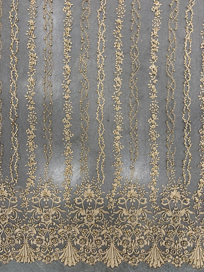 Daphne CHAMPAGNE Faux Pearls Beaded Flowers and Vines Lace Embroidery on Mesh Fabric by the Yard - 10103
