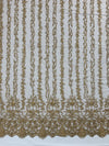 Daphne DARK CHAMPAGNE Faux Pearls Beaded Flowers and Vines Lace Embroidery on Mesh Fabric by the Yard - 10103