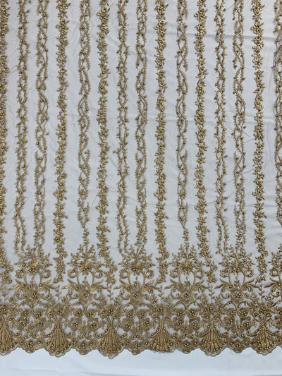 Daphne DARK CHAMPAGNE Faux Pearls Beaded Flowers and Vines Lace Embroidery on Mesh Fabric by the Yard - 10103