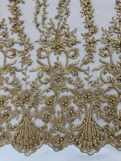 Daphne DARK CHAMPAGNE Faux Pearls Beaded Flowers and Vines Lace Embroidery on Mesh Fabric by the Yard - 10103