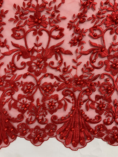 Daphne RED Faux Pearls Beaded Flowers and Vines Lace Embroidery on Mesh Fabric by the Yard - 10103