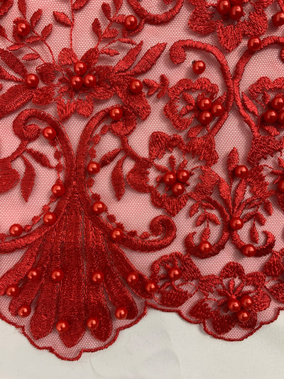 Daphne RED Faux Pearls Beaded Flowers and Vines Lace Embroidery on Mesh Fabric by the Yard - 10103