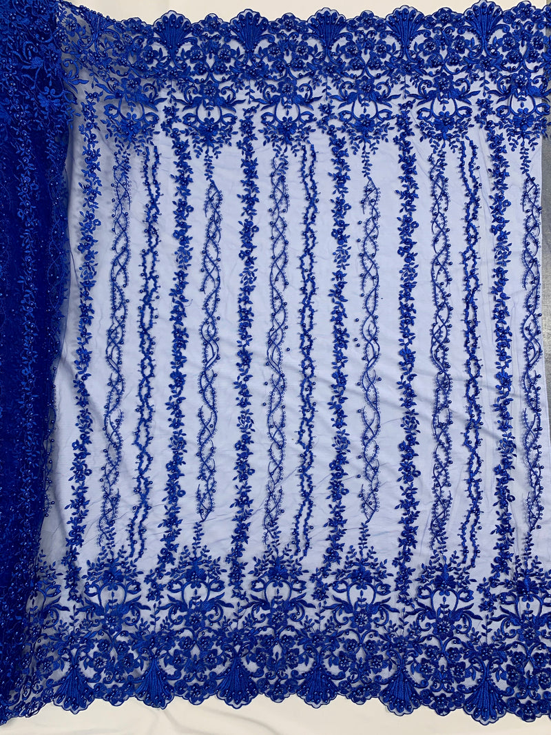 Daphne ROYAL BLUE Faux Pearls Beaded Flowers and Vines Lace Embroidery on Mesh Fabric by the Yard - 10103