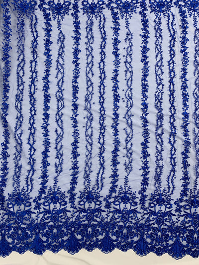 Daphne ROYAL BLUE Faux Pearls Beaded Flowers and Vines Lace Embroidery on Mesh Fabric by the Yard - 10103