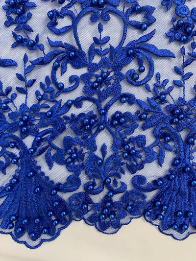 Daphne ROYAL BLUE Faux Pearls Beaded Flowers and Vines Lace Embroidery on Mesh Fabric by the Yard - 10103