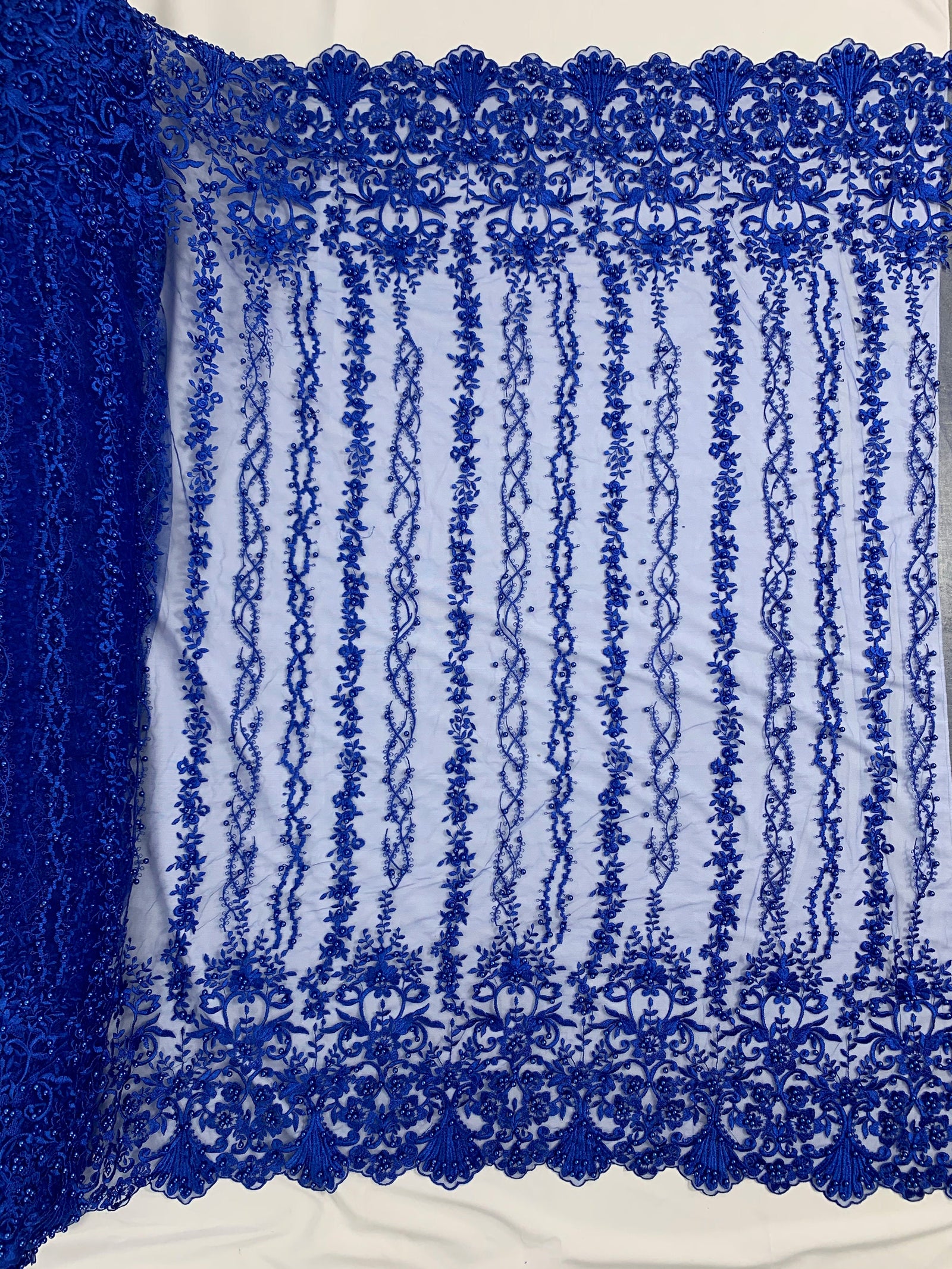 Daphne ROYAL BLUE Faux Pearls Beaded Flowers and Vines Lace Embroidery on Mesh Fabric by the Yard - 10103
