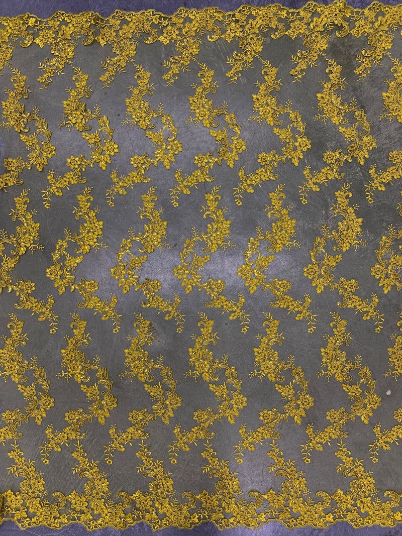 Cristina BRIGHT YELLOW Polyester Floral Embroidery with Sequins on Mesh Lace Fabric by the Yard for Gown, Wedding, Bridesmaid, Prom - 10076