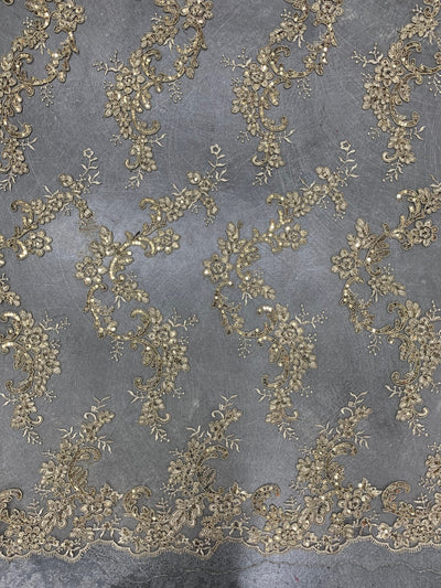 Cristina CHAMPAGNE Polyester Floral Embroidery with Sequins on Mesh Lace Fabric by the Yard for Gown, Wedding, Bridesmaid, Prom - 10076