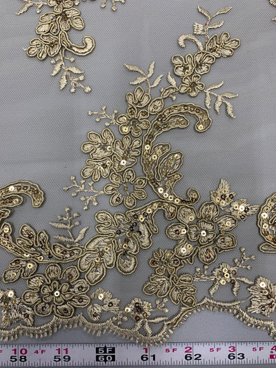Cristina CHAMPAGNE Polyester Floral Embroidery with Sequins on Mesh Lace Fabric by the Yard for Gown, Wedding, Bridesmaid, Prom - 10076