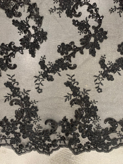 Cristina BLACK Polyester Floral Embroidery with Sequins on Mesh Lace Fabric by the Yard for Gown, Wedding, Bridesmaid, Prom - 10076
