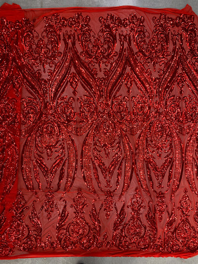 Alaina RED Curlicue Sequins on Mesh Lace Fabric by the Yard - 10018