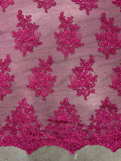 Brianna FUCHSIA Polyester Floral Embroidery with Sequins on Mesh Lace Fabric by the Yard - 10020