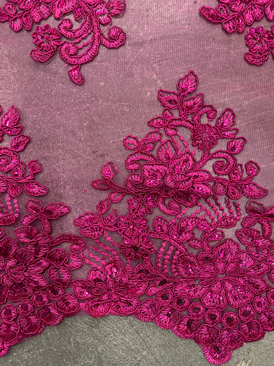 Brianna FUCHSIA Polyester Floral Embroidery with Sequins on Mesh Lace Fabric by the Yard - 10020