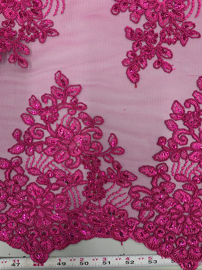 Brianna FUCHSIA Polyester Floral Embroidery with Sequins on Mesh Lace Fabric by the Yard - 10020