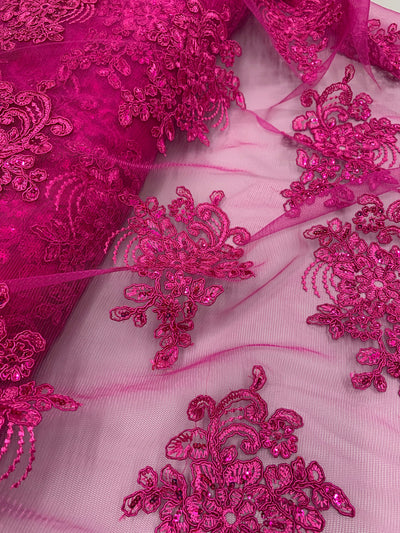 Brianna FUCHSIA Polyester Floral Embroidery with Sequins on Mesh Lace Fabric by the Yard - 10020