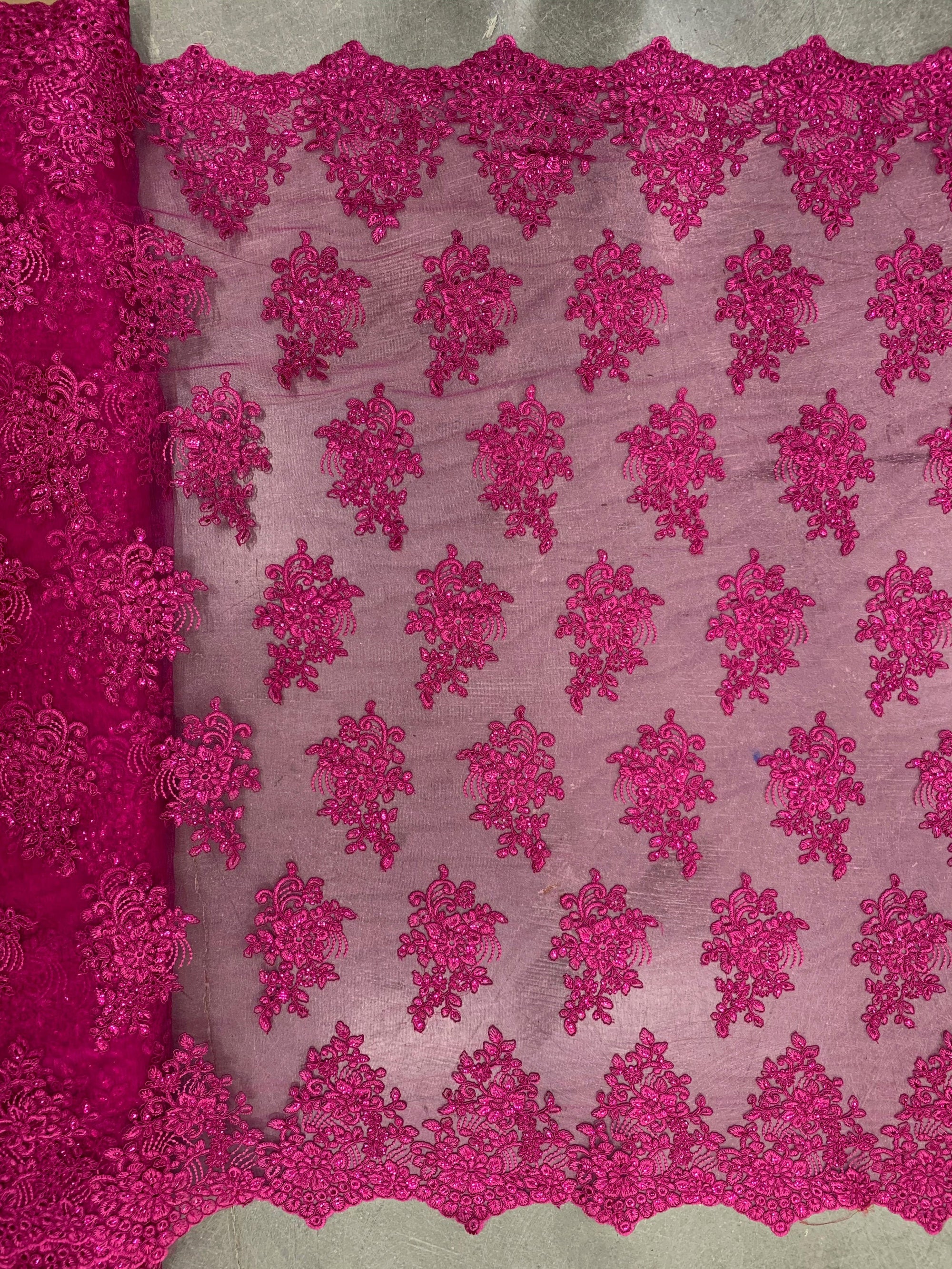 Brianna FUCHSIA Polyester Floral Embroidery with Sequins on Mesh Lace Fabric by the Yard - 10020