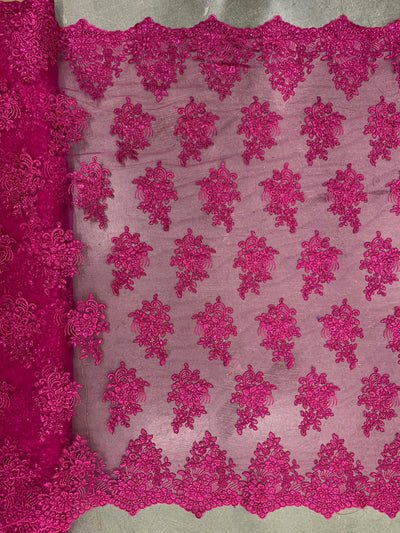 Brianna FUCHSIA Polyester Floral Embroidery with Sequins on Mesh Lace Fabric by the Yard - 10020