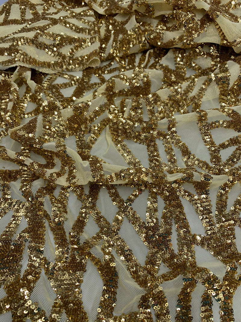 Celeste GOLD Sequins on Mesh Lace Fabric by the Yard - 10134