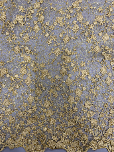 Braelyn GOLD Polyester Floral Embroidery with Sequins on Web Mesh Lace Fabric by the Yard for Gown, Wedding, Bridesmaid, Prom - 10166