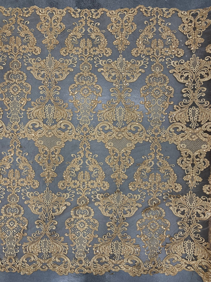 Vivian DARK GOLD Polyester Embroidery with Sequins on Mesh Lace Fabric by the Yard for Gown, Wedding, Bridesmaid, Prom - 10003