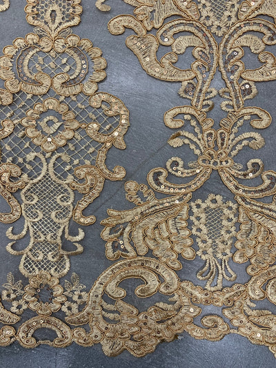 Vivian DARK GOLD Polyester Embroidery with Sequins on Mesh Lace Fabric by the Yard for Gown, Wedding, Bridesmaid, Prom - 10003