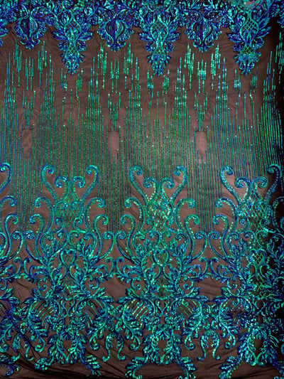 Angelica IRIDESCENT GREEN BLUE Mermaid Curlicues and Leaves Sequins on Mesh Lace Fabric by the Yard - 10132