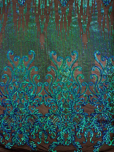 Angelica IRIDESCENT GREEN BLUE Mermaid Curlicues and Leaves Sequins on Mesh Lace Fabric by the Yard - 10132