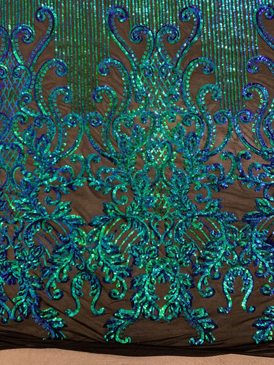 Angelica IRIDESCENT GREEN BLUE Mermaid Curlicues and Leaves Sequins on Mesh Lace Fabric by the Yard - 10132