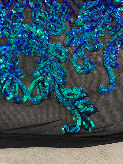 Angelica IRIDESCENT GREEN BLUE Mermaid Curlicues and Leaves Sequins on Mesh Lace Fabric by the Yard - 10132