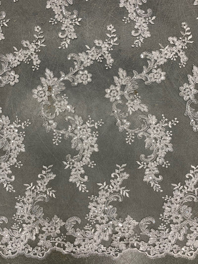 Cristina WHITE Polyester Floral Embroidery with Sequins on Mesh Lace Fabric by the Yard for Gown, Wedding, Bridesmaid, Prom - 10076