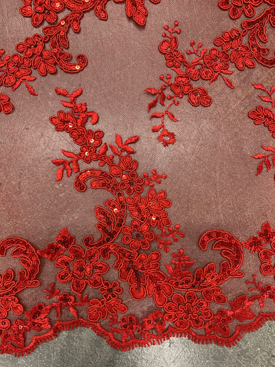 Cristina RED Polyester Floral Embroidery with Sequins on Mesh Lace Fabric by the Yard for Gown, Wedding, Bridesmaid, Prom - 10076