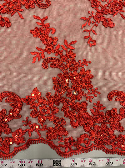 Cristina RED Polyester Floral Embroidery with Sequins on Mesh Lace Fabric by the Yard for Gown, Wedding, Bridesmaid, Prom - 10076