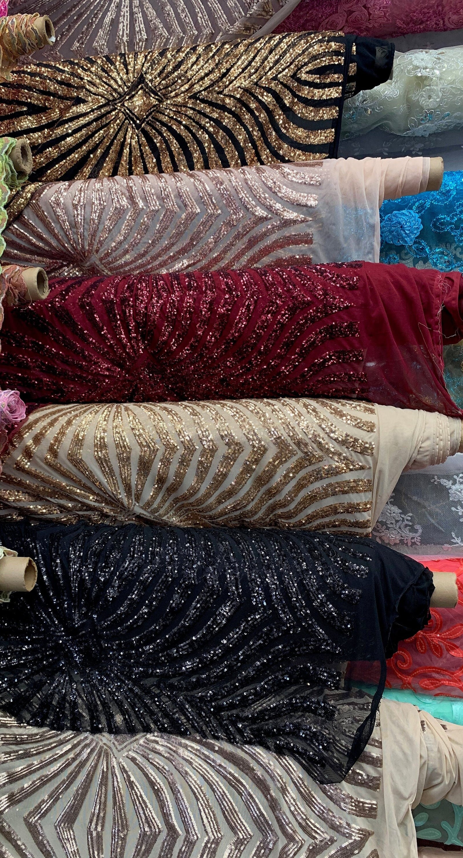 Maia BURGUNDY Geometric Sequins on Mesh Lace Fabric for Evening Gown, Formal Wear, Tops, Skirts, Decorations, Costumes, Crafts  - 10138