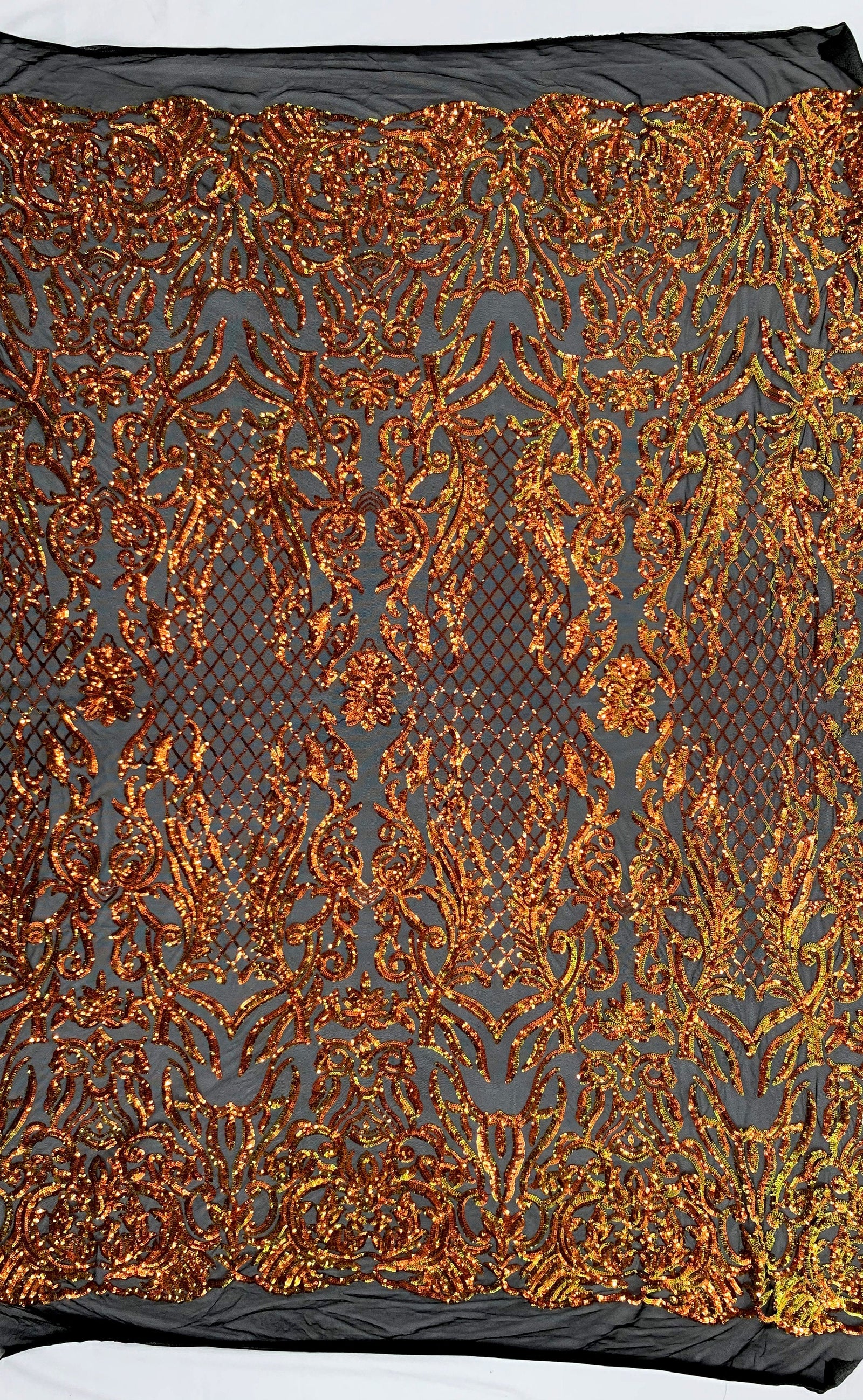 Phoebe Iridescent ORANGE GOLD Sequins on BLACK Mesh Lace Fabric by the Yard - 10062
