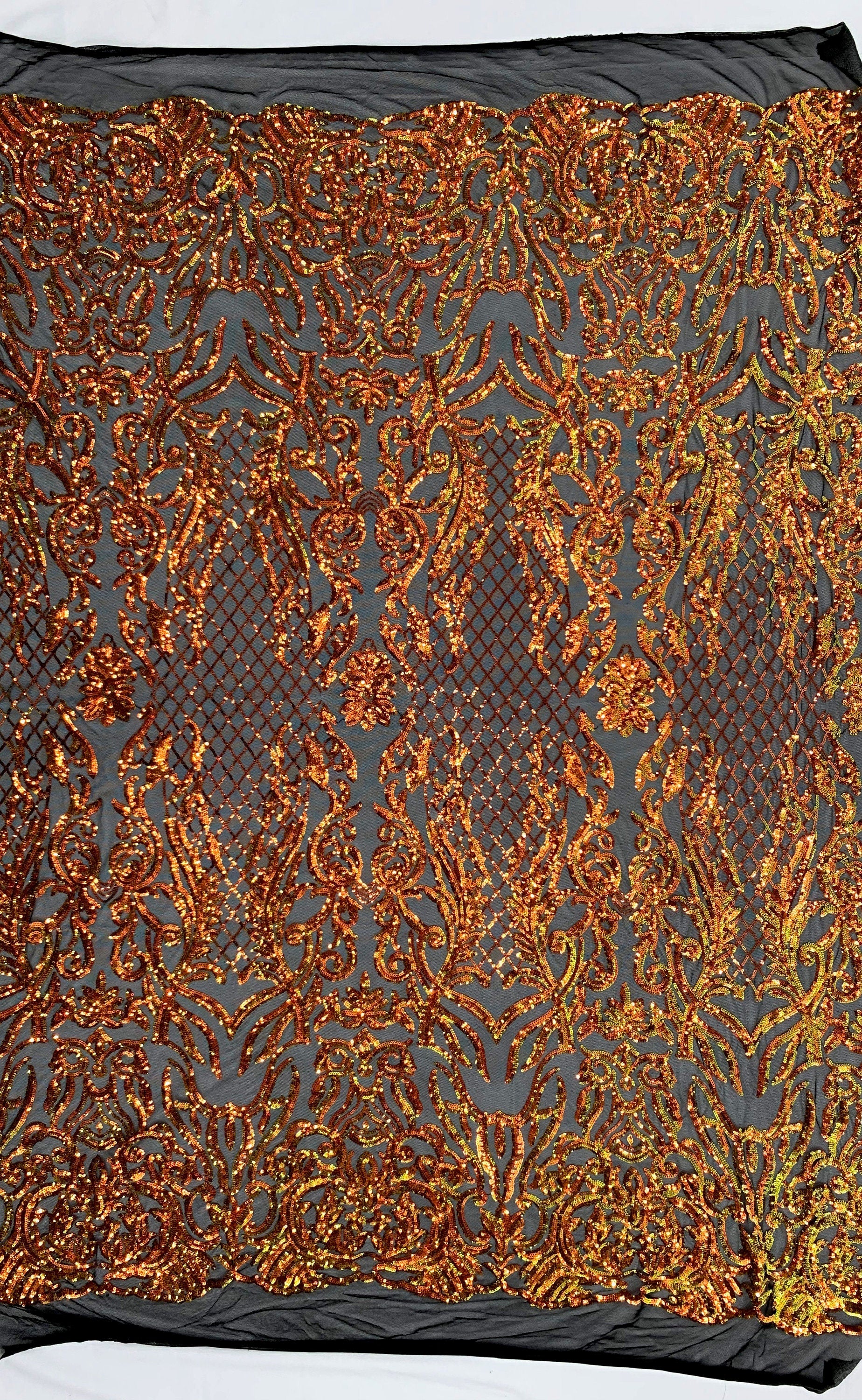 Phoebe Iridescent ORANGE GOLD Sequins on BLACK Mesh Lace Fabric by the Yard - 10062
