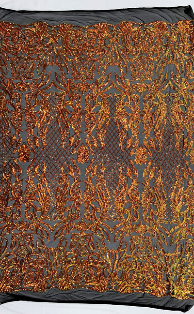 Phoebe Iridescent ORANGE GOLD Sequins on BLACK Mesh Lace Fabric by the Yard - 10062