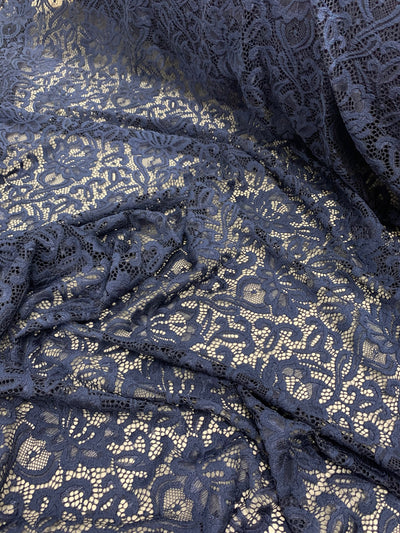 Elaine NAVY BLUE Floral Scalloped Nylon Spandex Stretch Lace Light Weight Fabric for Clothes, Lingerie, Costumes, Decorations, Crafts
