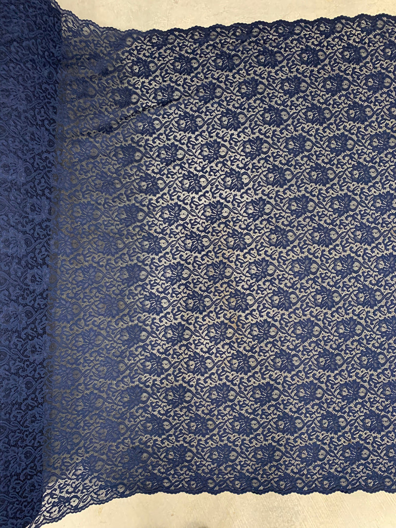 Elaine NAVY BLUE Floral Scalloped Nylon Spandex Stretch Lace Light Weight Fabric for Clothes, Lingerie, Costumes, Decorations, Crafts