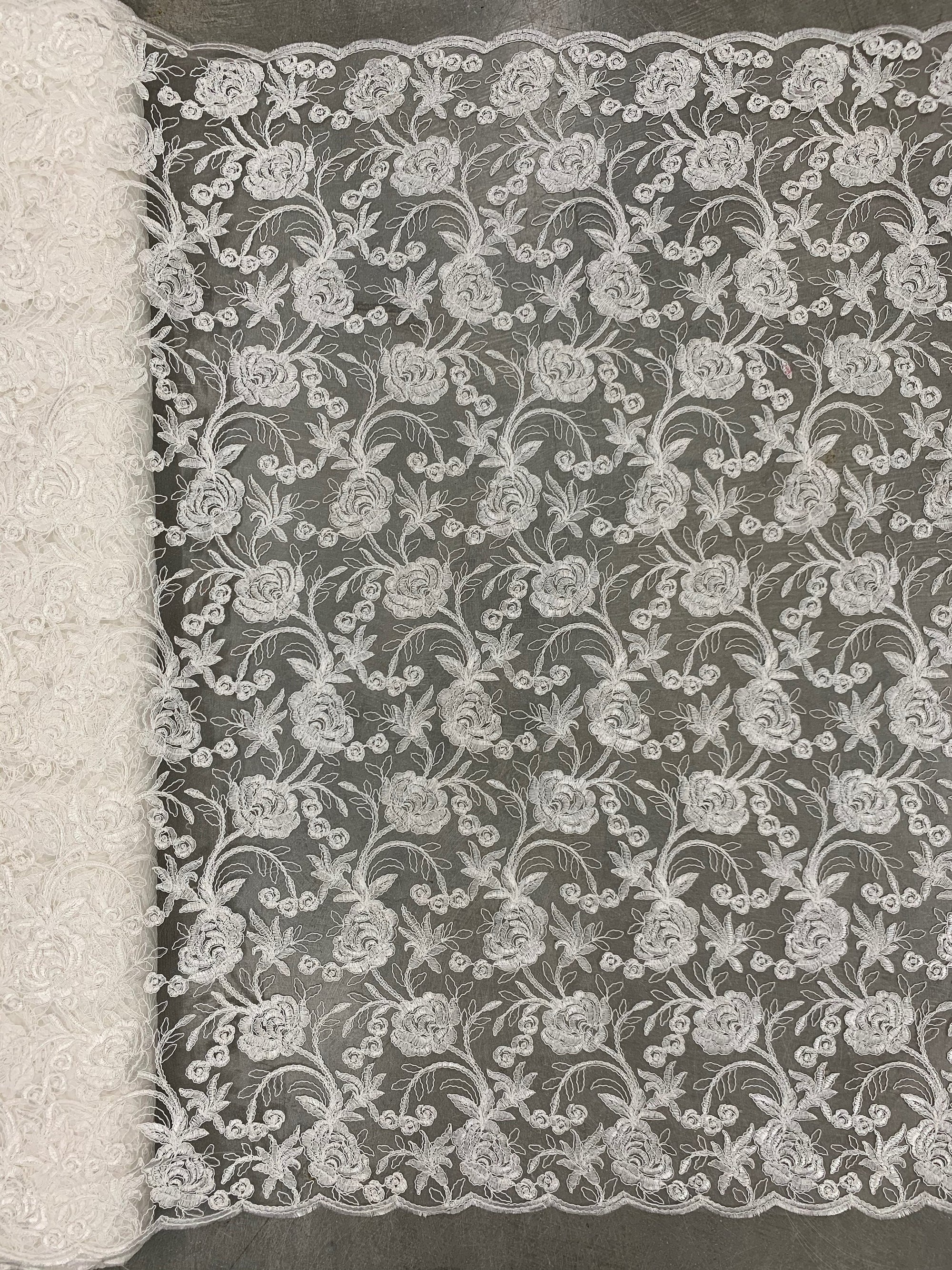 Dakota IVORY Polyester Corded Floral Embroidery on Mesh Lace Fabric by the Yard - 10043