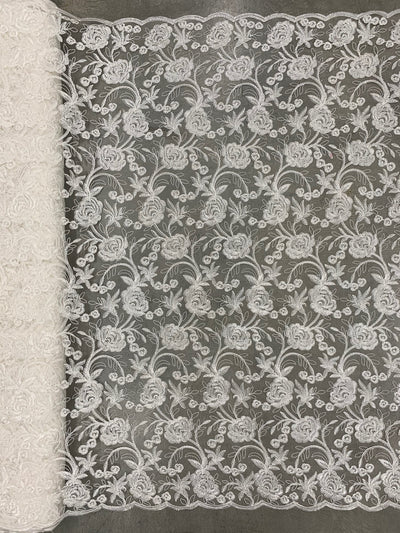 Dakota IVORY Polyester Corded Floral Embroidery on Mesh Lace Fabric by the Yard - 10043